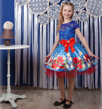 Красивое детское платье с пышной юбкой, синий топ, Мак, Маки 
